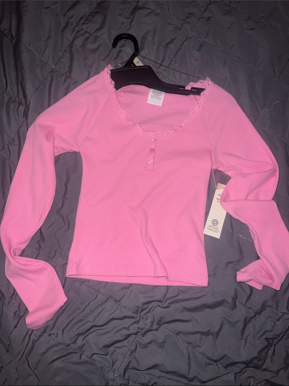 Pink Lace-Trim Ribbed Henley Top
